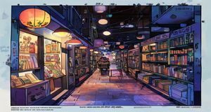 涩涩漫画新作深夜书店封面，温暖灯光书店夜晚邂逅场景