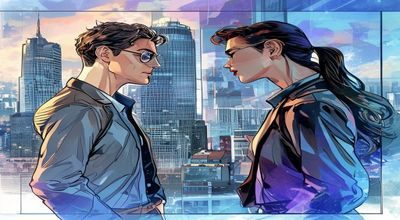 涩涩漫画都市职场篇封面，现代都市摩天楼背景，职场男女主角对视特写